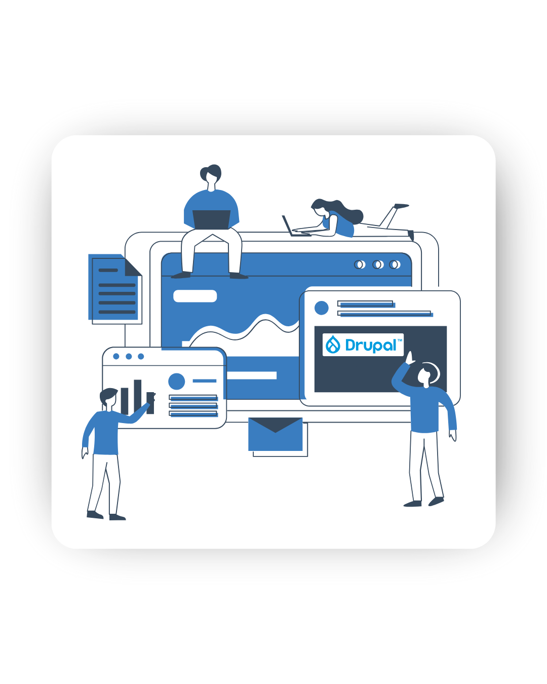 Blue and white illustration of people interacting with various screens and elements related to web development and content management, featuring the Drupal logo.