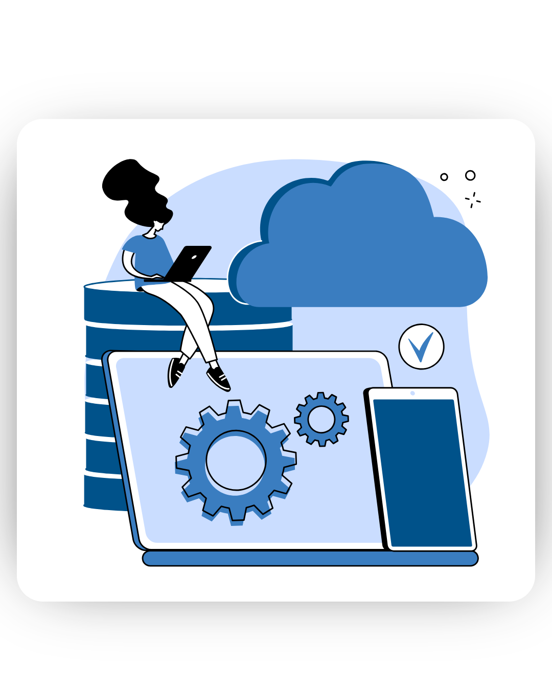 A woman on a laptop manages cloud services (cloud icon, checkmark), with gears representing processing and a connected phone.