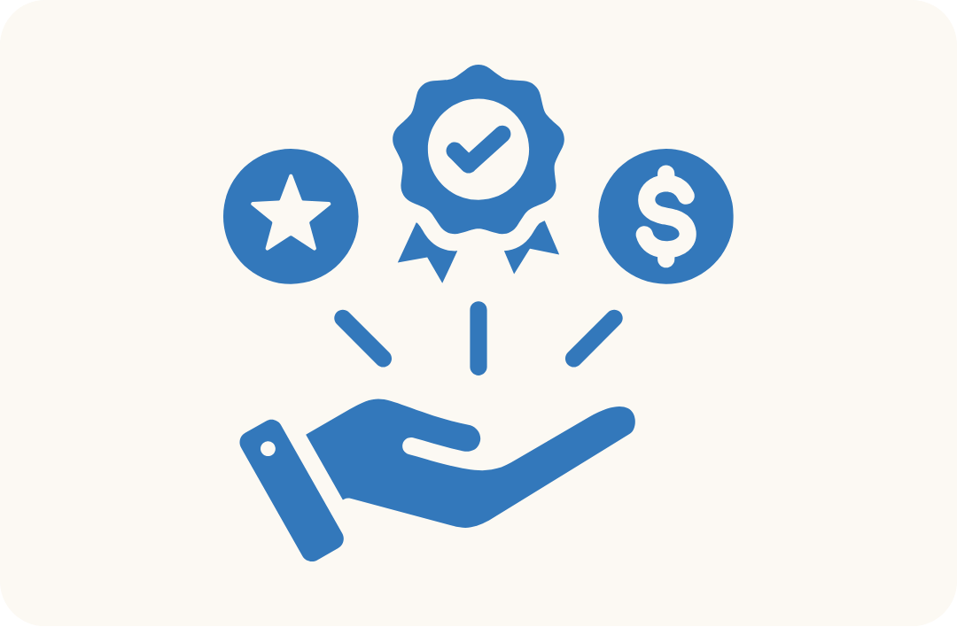 Blue hand offering a star, a quality badge with a checkmark, and a dollar sign, symbolizing value, quality, and reward