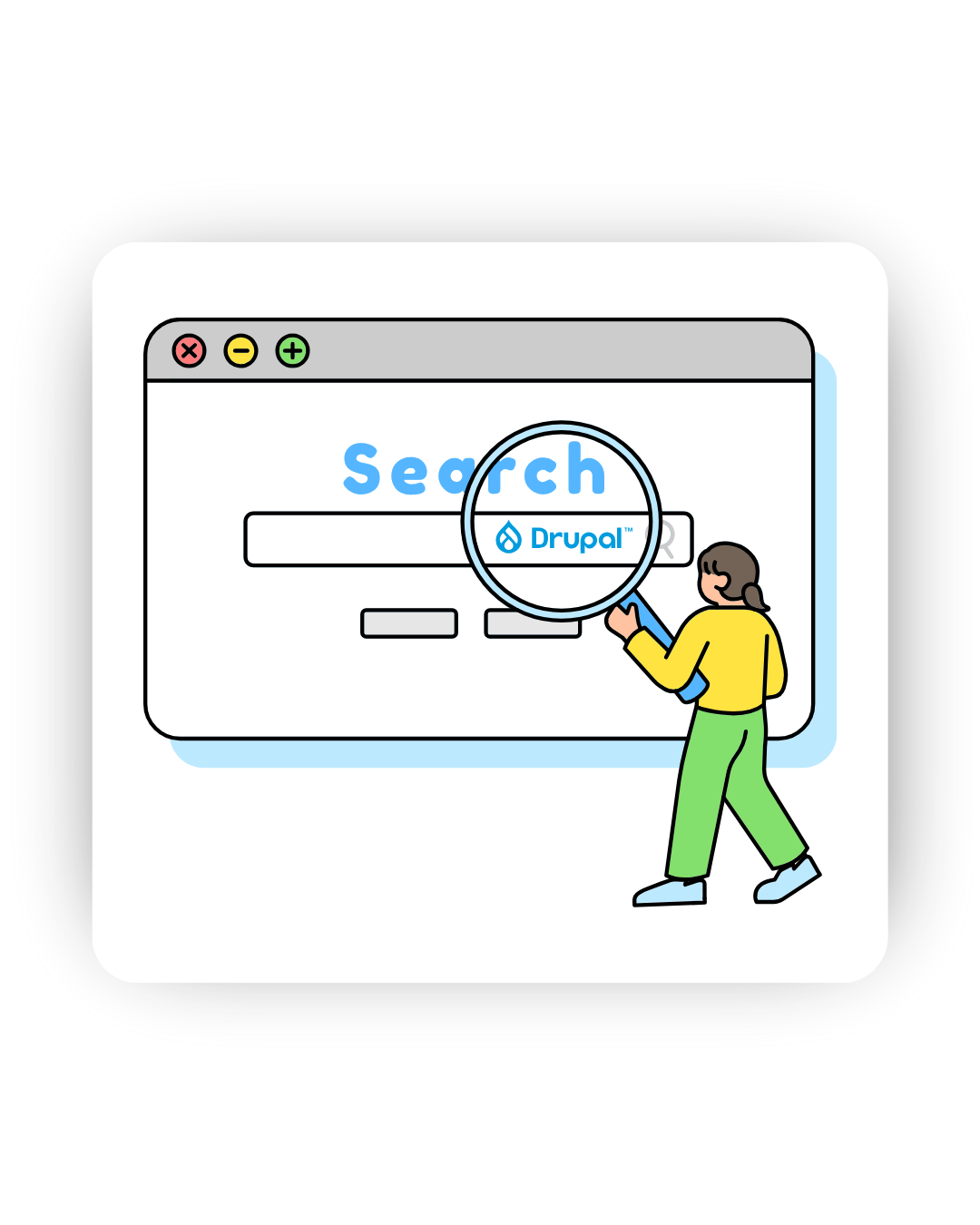 Illustration of a person with a magnifying glass examining a search bar with the Drupal logo.