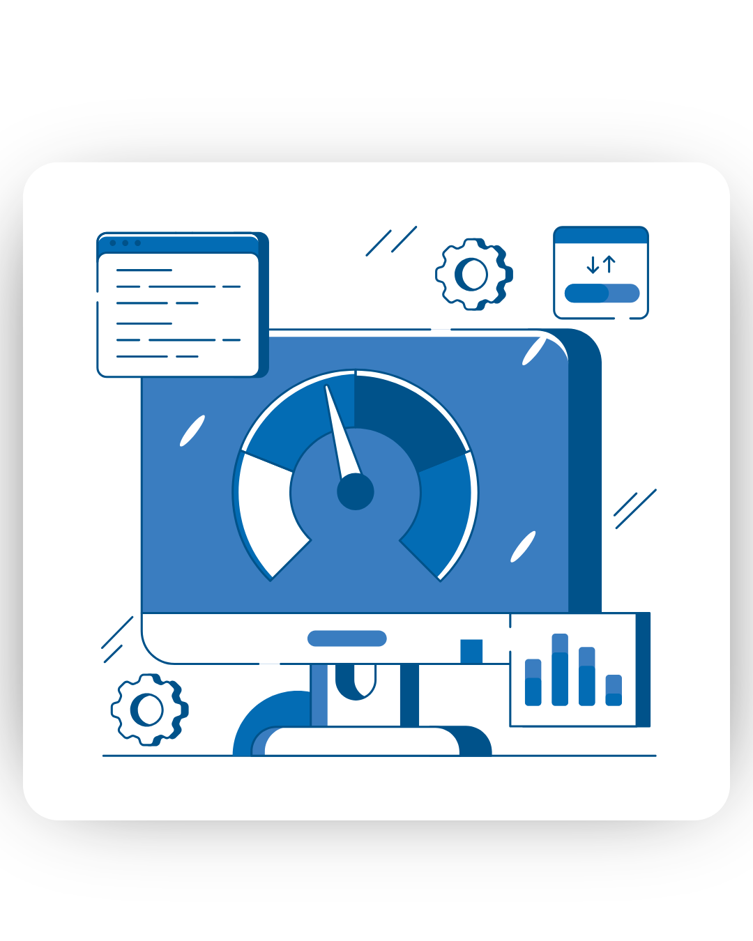 Blue illustration of a dashboard with a speedometer, charts, and settings icons, representing system performance monitoring.