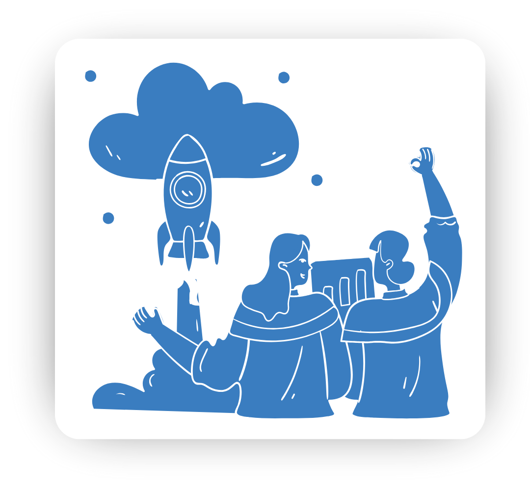 Blue and white illustration of two women celebrating a rocket launching into a cloud, symbolizing startup success.