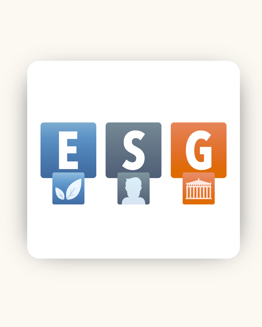 ESG graphic: E with leaves, S with a person, G with a building, representing sustainability and governance.