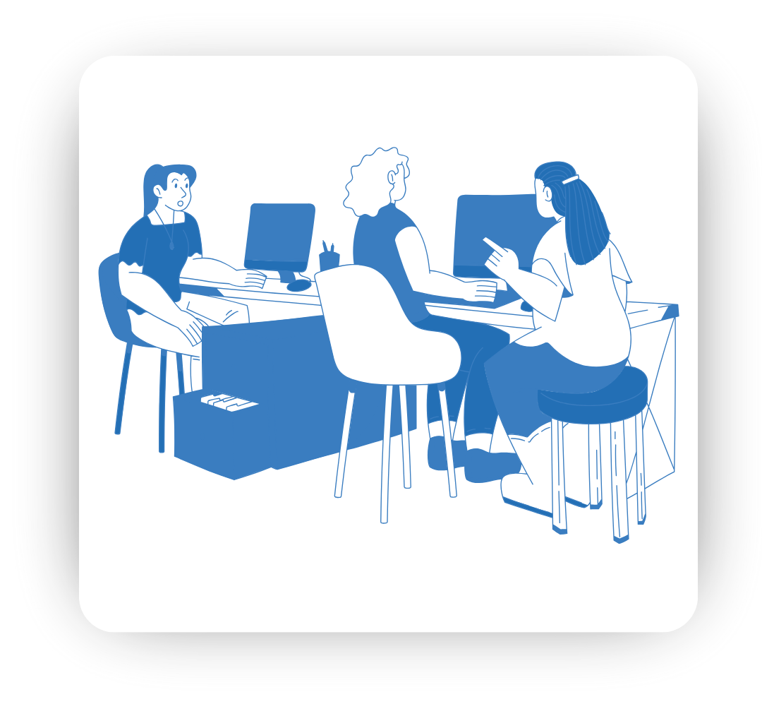 Blue and white illustration of three individuals working at desks with computers, collaborating or in a training session.