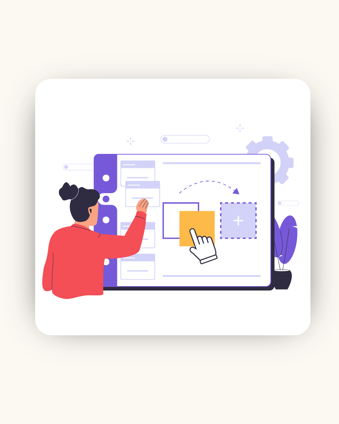 Person interacting with a digital whiteboard, rearranging blocks and icons, symbolizing low-code and no-code platforms.