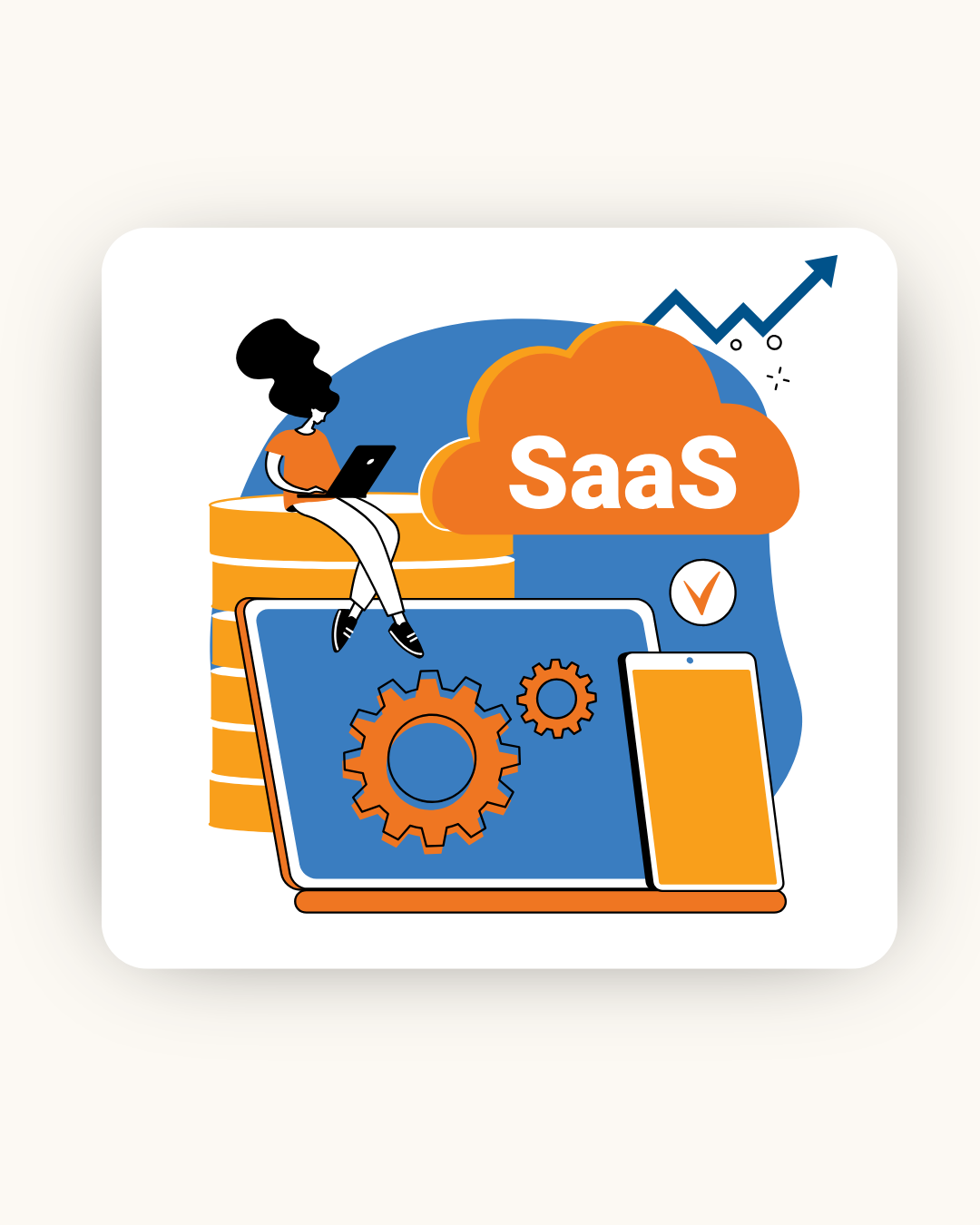 Illustration of a person with a laptop, gears, and SaaS cloud, symbolizing software as a service.