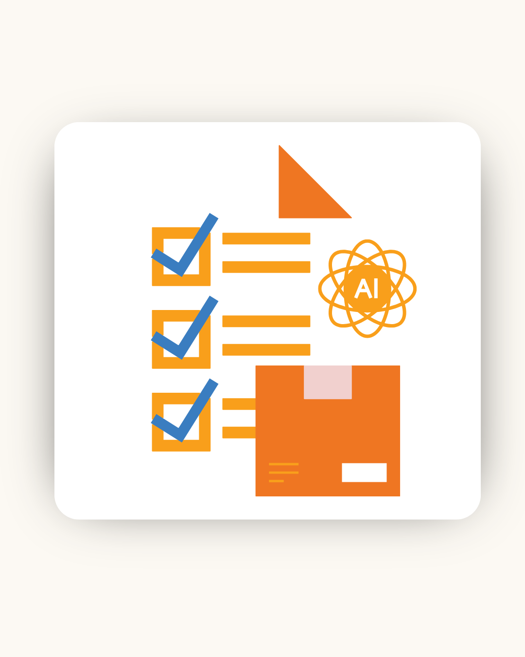 Checklist with blue checkmarks, orange AI icon, and a package representing automated inventory management.