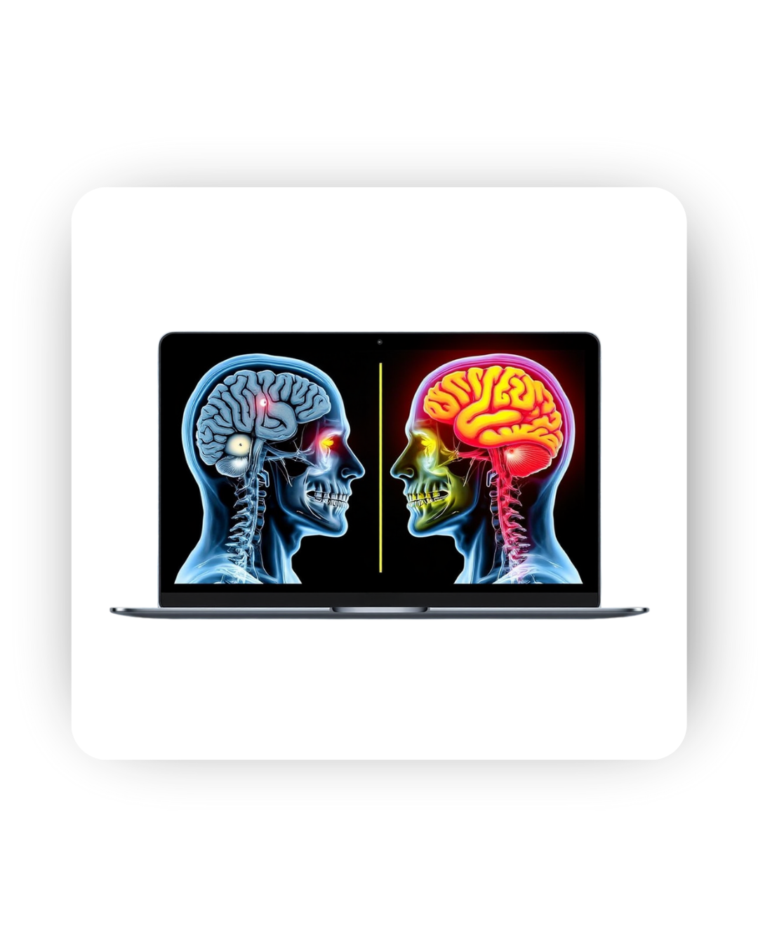 Side-by-side of traditional brain scan and AI-enhanced version with colorful overlays highlighting detected anomalies.