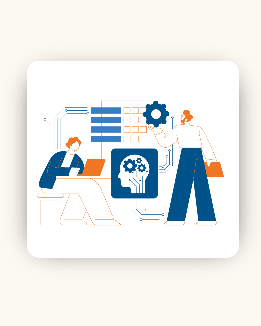 Illustration of two figures working with technology, featuring circuit patterns, a laptop, and an icon depicting a brain with gears, symbolizing AI.