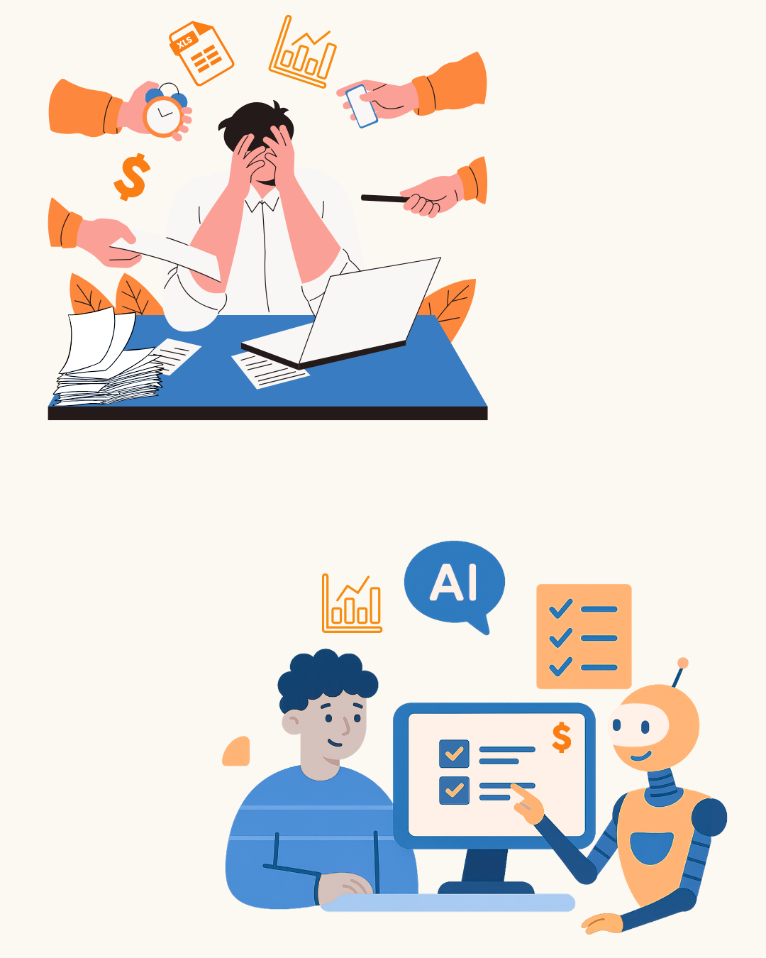 An illustration showing a stressed worker overwhelmed with tasks, contrasted with a calm person aided by AI technology.