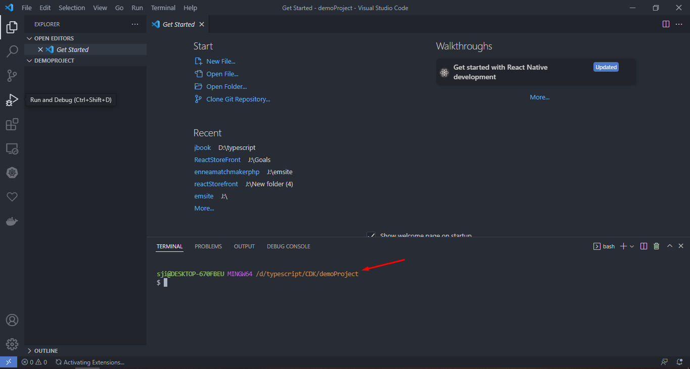 aws cdk integrated terminal