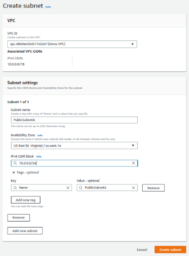 aws vpc tutorial- create subnet