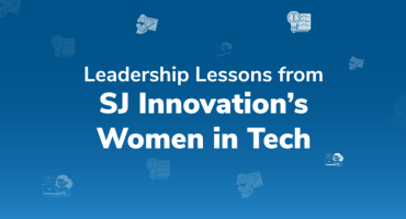 Blue background with "Leadership Lessons from SJ Innovation's Women in Tech" text and tech-related icons.