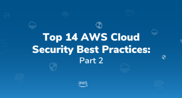 Blue title card: "Top 14 AWS Cloud Security Best Practices: Part 2" with subtle white AWS logos and cloud/security icons scattered around.